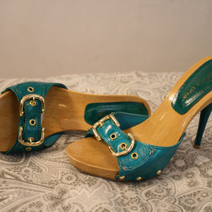 Wooden Mules Heels Teal & Gold